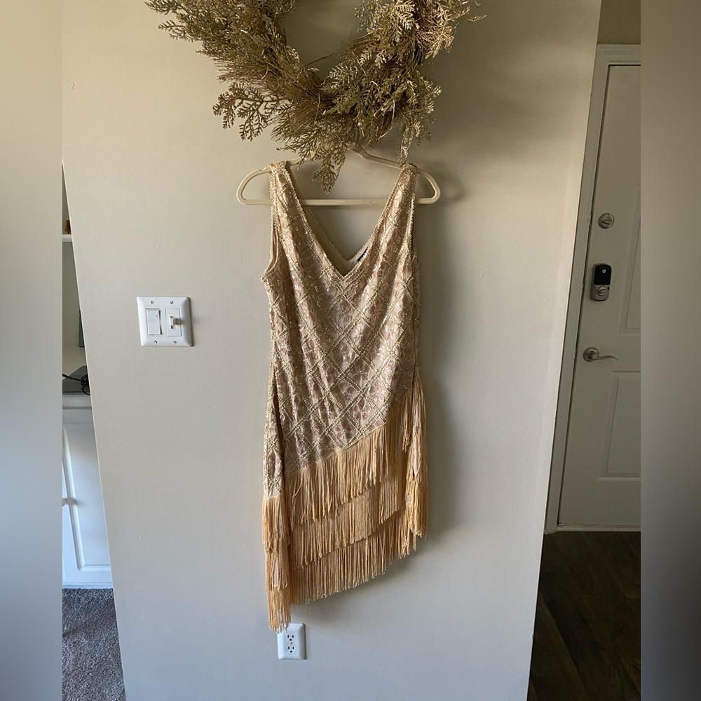 Gold sequin flapper evening dress